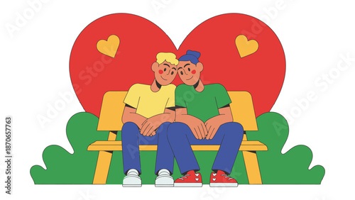 Love's Embrace: Two men sharing a tender moment of affection, seated close against the backdrop of a symbol of love and support, embracing the beauty of connection and togetherness.
