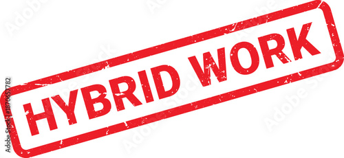 Red Distressed Rubber Stamp Imprint of the Phrase Hybrid Work on White Background