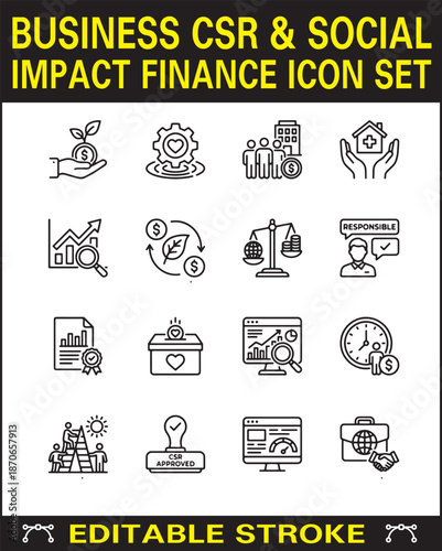 Business CSR and Social Impact Finance Icons – Editable Stroke Line Style for Corporate Responsibility, Sustainability, and Ethical Finance