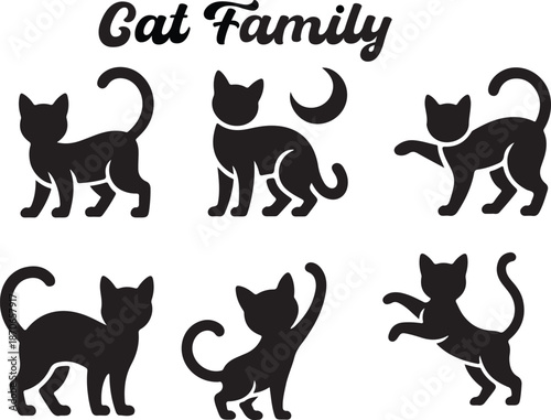 Black silhouettes of cats in various poses