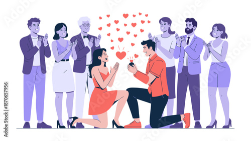 Love's Revelation: A tender moment unfolds as a man kneels in a proposal, presenting a ring to the woman as onlookers in a heart-filled atmosphere.