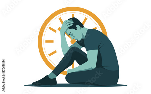 A person sitting on the floor, stressed and overwhelmed, with a clock in the background
