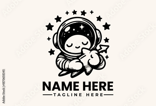 A black and white illustration of an astronaut character hugging a star, surrounded by stars, with a placeholder text for a logo or brand name in a simple, graphic design style against a