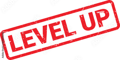 Distressed Red Level Up Rubber Stamp on White Background for Gamers and Developers