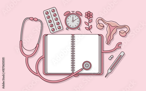 A medical notebook surrounded by health and wellness icons on a soft pink background viewed from directly above