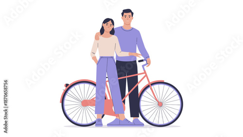 Couple and Bicycle: A depiction of a couple standing beside a bicycle. The scene portrays a sense of togetherness and shared activity.