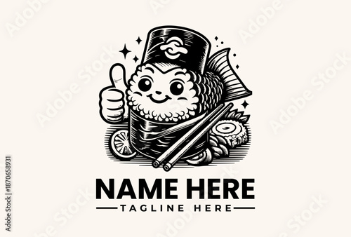 A cartoon sushi character wearing a pirate hat gives a thumbs up with chopsticks and sushi rolls on a clean white background for a logo or icon design.