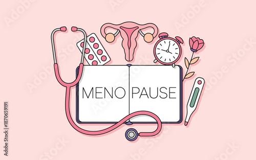 A graphic illustration of menopause concept with medical symbols and text on a pastel pink background