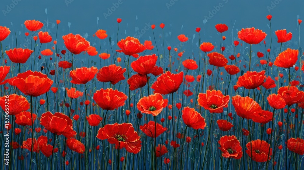 Fototapeta premium A large number of red poppies are growing in a field. The flowers stand tall with green stems against a bright blue sky. It is spring and the flowers are blooming vibrantly.