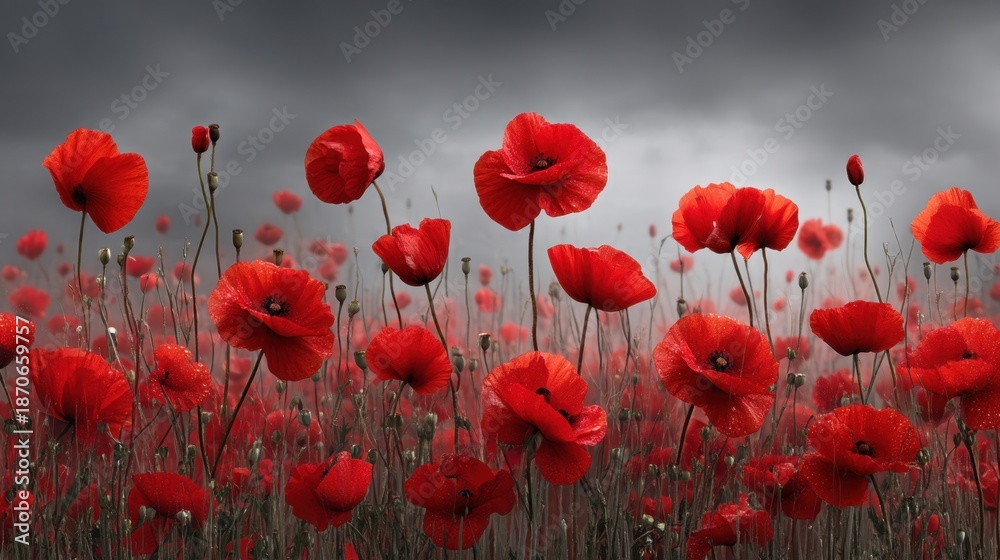 Fototapeta premium Poppy flowers fill the field with bright red color as they sway gently. A cloudy sky looms above creating a dramatic backdrop for the scene.