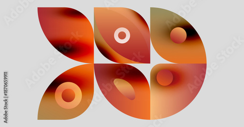 Abstract shapes overlap, creating warm color gradients. Design features rounded forms, circles, soft shadows. Minimalist aesthetic, modern composition.