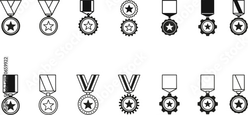 Medal and award icons set with ribbon badges in outline and solid styles for achievement and victory
