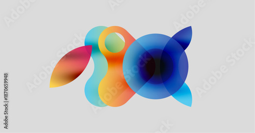 Abstract colorful shapes overlap, creating fluid design. Soft gradients blend blues, oranges, reds, turquoise. Minimalist composition on light gray background.