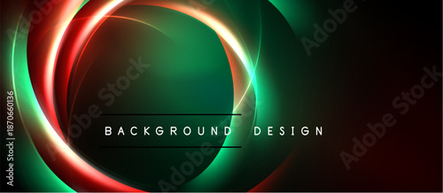 Abstract neon circles, vibrant green, red hues. Dark background creates dynamic visual effect. Text reads background design.
