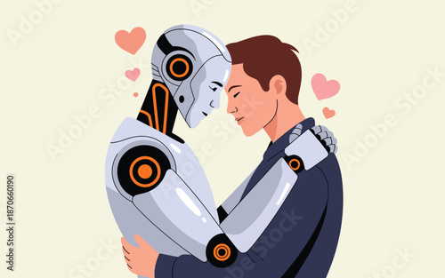 Man embracing a robot with love and affection in a heartwarming scene