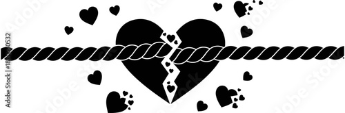 Broken heart silhouette with frayed rope line, metaphor for divorce, ending relationship, emotional pain, separation, and lost love over white. (20 words)