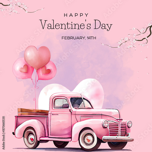 Valentine’s Day Vector Illustration – Vintage Pink Truck with Heart Balloons, Romantic Love Holiday Greeting Card Design