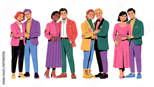 Love and Diversity: A vibrant and inclusive image showcases a series of couples, embracing and radiating joy, embodying the beauty of diverse relationships and the universal language of affection.