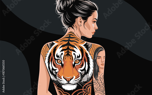 A woman with a tiger tattoo on her back is turned away from the camera against a dark background
