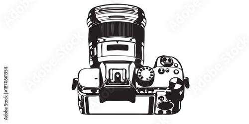 Vector flat style illustration of camera, Photo camera in flat style. Vector. design pattern collection set of professional DSLR photo camera body with zoom lens in various angles isolated white backg