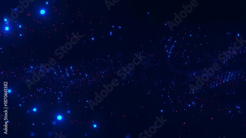 Abstract blue and red glowing particles moving in a dark space. Represents digital technology, data visualization, and futuristic concepts