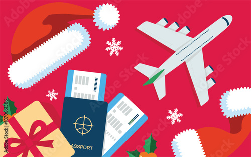 Airplane flying amidst festive decorations and travel documents on a vibrant red background