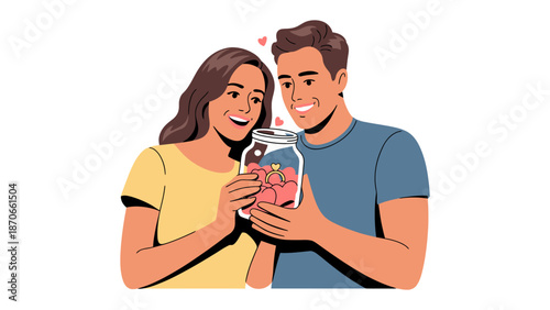 Shared Love: An illustration of a couple sharing a jar of hearts, symbolizing love and connection. Their smiles illuminate the scene. 