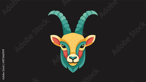 Colorful illustration of a goats head with curved horns and detailed features.