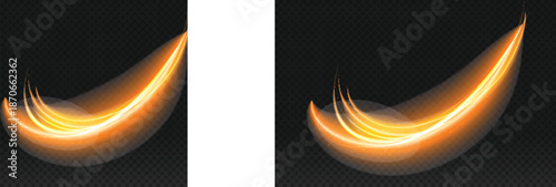 Professional Golden Magic Curved Swoosh with Glowing Energy Trails, Luminous Fiery Light Effect on Transparent and Dark Backgrounds
