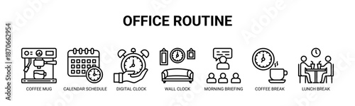 Office Routine web banner icon vector illustration concept with icons of coffee mug, calendar schedule, digital clock, wall clock, morning briefing, coffee break, lunch break.