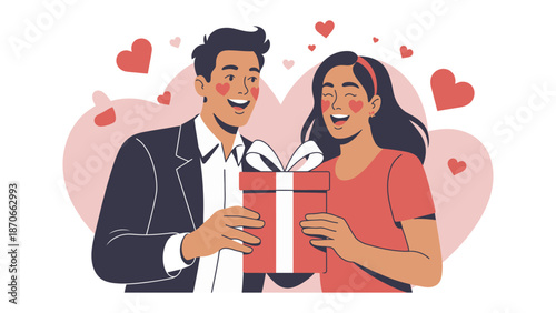 Unveiling Affection: A romantic depiction of a moment shared between a couple, as a gentleman presents a gift to his lady. capturing the essence of affection and happiness.