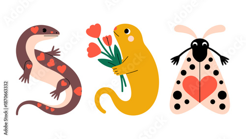 Whimsical Fauna Trio: A cheerful lizard, a flower-bearing creature, and a charming moth, all brought to life through whimsical illustration. 