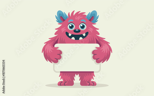 A vibrant cartoon monster holding a blank sign