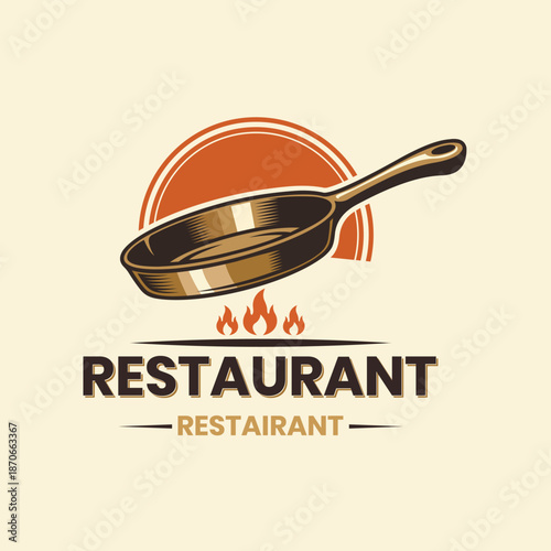 Professional Restaurant Logo with Abstract Pan and Fire Icon, Flat Minimalist Style for Food, Dining, Café, Kitchen Branding, Hospitality Identity, Editable Vector File