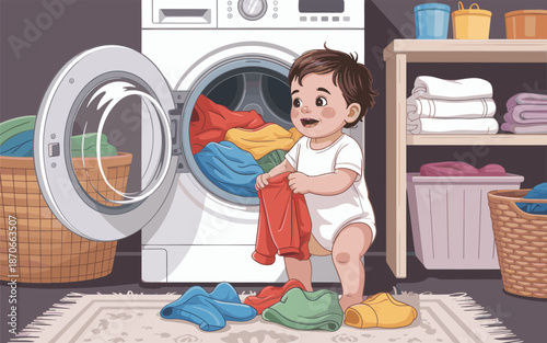 A happy child playing with colorful clothes in a washing machine in a laundry room