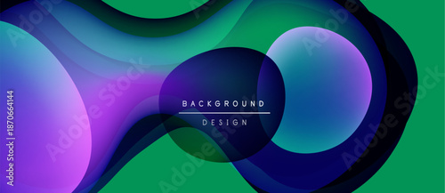 Abstract fluid shapes blend, creating vibrant gradients. Green dominates background, purple accents present. Modern design element.