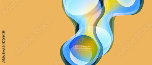 Abstract fluid shapes, vibrant colors blend. Yellow, blue, white layers create dynamic composition over beige backdrop. Modern design element.