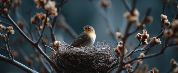 little avian picking up sticks to create a home in tree limbs