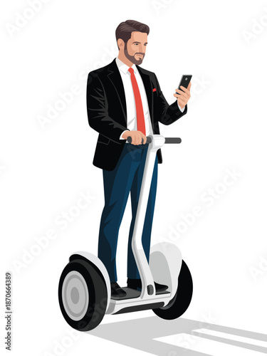 A businessman riding a Segway while using a smartphone in a modern urban setting