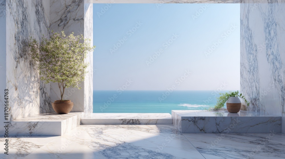 Fototapeta premium Luxury modern terrace with white marble walls and floor overlooking the calm blue ocean