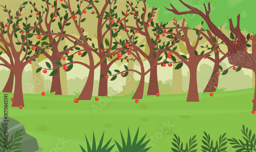 Apple Garden Nature Green Landscape Cartoon Vector