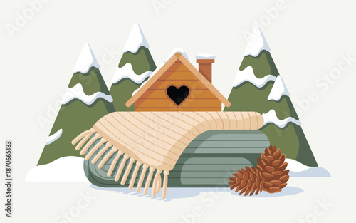 Cozy cabin nestled in snowy mountains with a warm blanket and pine cone nearby