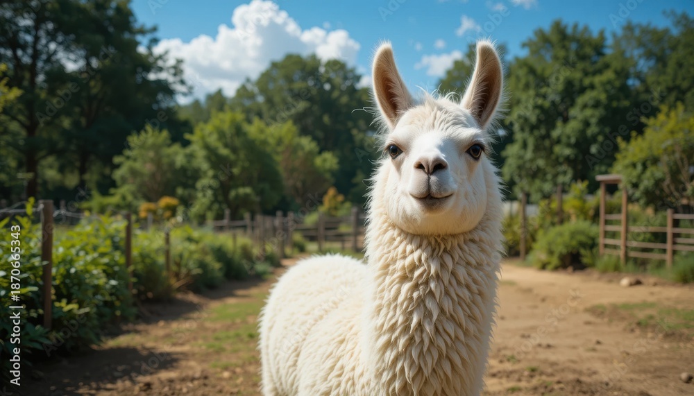 Obraz premium Cute White Llama Portrait on Sunny Farm