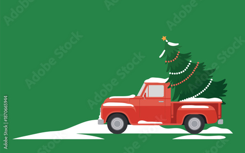 Red truck carrying a decorated Christmas tree on a snowy landscape