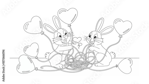 Love Bunnies' playful embrace: Two joyful rabbits share heart-shaped balloons, symbolizing love and togetherness. A sweet, romantic scene for a special day.