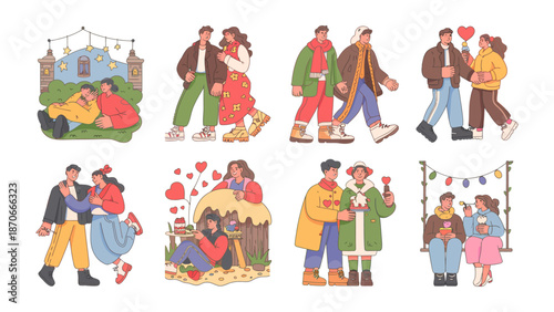 Love's Embrace: Collection of delightful illustrations of romantic couples enjoying tender moments, expressing love, affection, and togetherness through various activities and settings. 