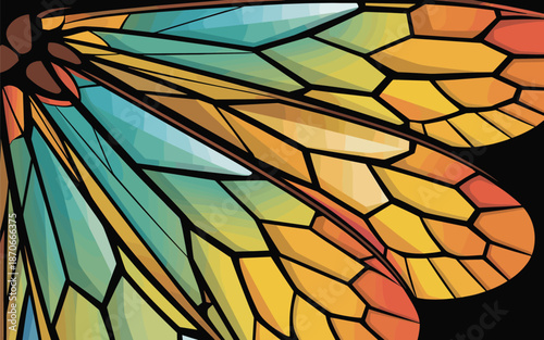 Vibrant stained glass butterfly wings showcasing intricate design and colorful patterns on a black background
