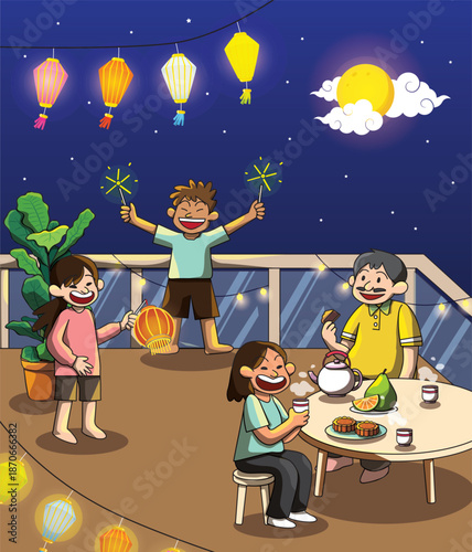 Mid-Autumn Festival Chinese family relative celebration home balcony full moon lantern