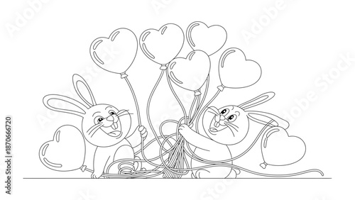 Whimsical Hearts and Bunnies: A charming scene featuring two cartoon bunnies delightfully entangled with heart-shaped balloons. Evoking a sense of love and joy.