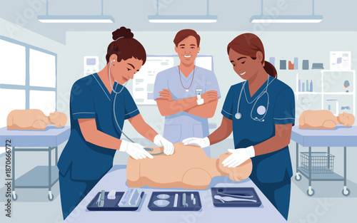 Medical professionals conducting a training session on cardiopulmonary resuscitation techniques in a clinical environment from a frontal viewpoint